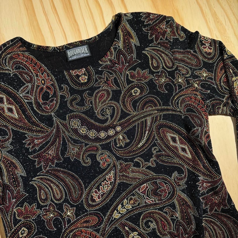 Roughrider by Circle T Women M Black Paisley Metallic Shimmer Long Sleeve Top